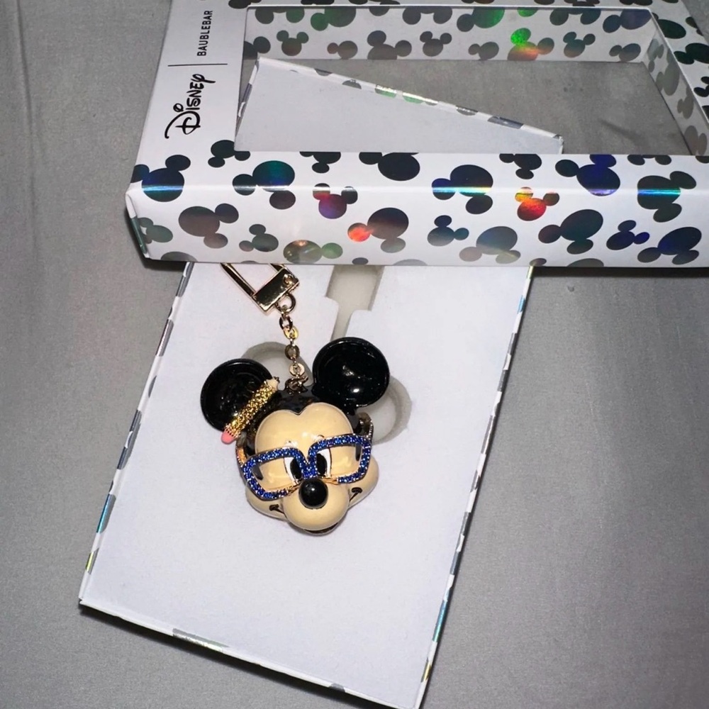 Disney Teacher Black & Cream Mickey Mouse Keychain or Purse chain Blue Glasses